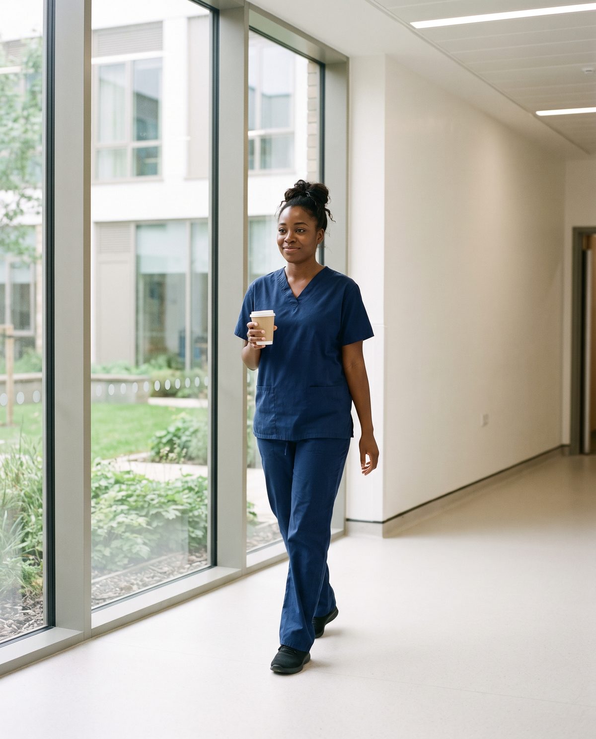 Agency healthcare worker walking down a clinic corridor